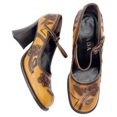 Prada Fall 1996 Runway Floral Appliqué Antiqued Leather Mary Jane Heels IT 37.5