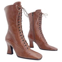 Prada F/W 2001 Runway Cognac Brown Lace Up Mid Calf Victorian Boots IT 39.5