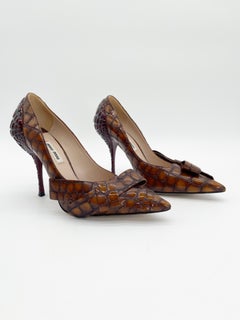 Miu Miu Spring 2015 Runway Brown Burgundy Patent Croc Embossed Bow Heels IT 36