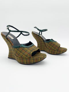 Prada Fall 2004 Runway Green Plaid Croc Trim Sculptural Wedge Sandals IT 39.5
