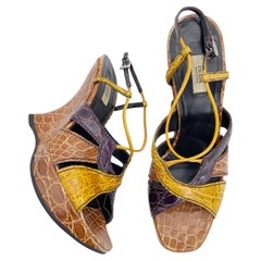 Prada Vintage Fall 2004 Runway Exotic Alligator Sculptural Wedge Sandals IT 37