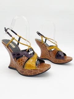 Prada Vintage Fall 2004 Runway Exotic Alligator Sculptural Wedge Sandals IT 37
