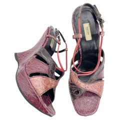 Prada Vintage Fall 2004 Purple Exotic Alligator Sculptural Wedge Sandals IT 37