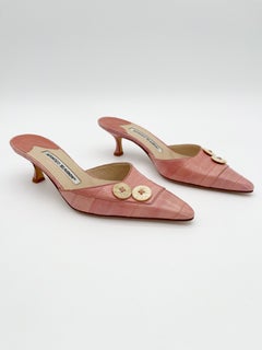 Manolo Blahnik Vintage Pink Eel Skin Exotic Leather Kitten Heel Mules IT 36.5