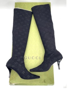 Gucci Demi Black GG Logo Metallic Stretch Knit Over-the-Knee Boots IT 39.5