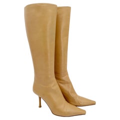 Jimmy Choo Peony Camel Tan Leather Pointed Square Toe Knee High Boots IT 40