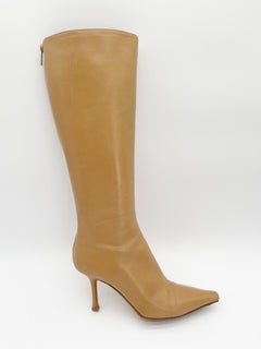 Jimmy Choo Peony Camel Tan Leather Pointed Square Toe Knee High Boots IT 40