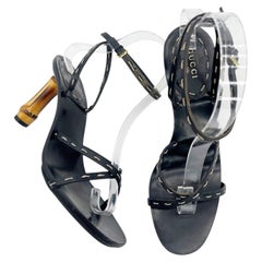 Gucci S/S 2002 Tom Ford Black Bamboo Heel Lace Up Wrap Sandal Heels US 7.5