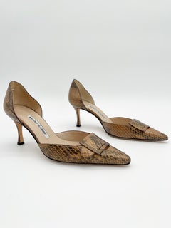 Manolo Blahnik Vintage Metallic Tan Snakeskin Buckle Pointed Toe Heels IT 38