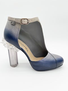 Chanel Fall 2012 Runway Navy Silver Ombre Leather Lucite Ice Crystal Heels EU 37