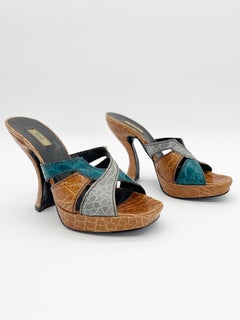 Prada Vintage Fall 2004 Runway Multicolor Alligator Leather Platform Mules IT 35