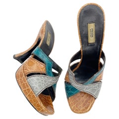 Prada Vintage Fall 2004 Runway Multicolor Alligator Leather Platform Mules IT 35