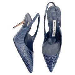 Manolo Blahnik Allura Blue Python Leather Pointed Toe Slingback Heels IT 36