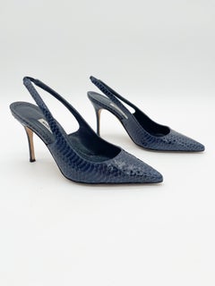 Manolo Blahnik Allura Blue Python Leather Pointed Toe Slingback Heels IT 36