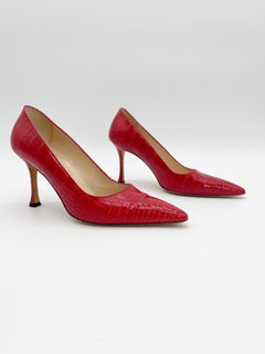 Manolo Blahnik Vintage Red Alligator Leather Pointed Toe Pumps Heels IT 38