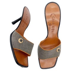 Chanel Vintage y2k Gray Canvas CC Logo Square Toe Mule Sandals Heels EU 37