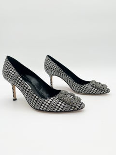 Manolo Blahnik Hangisi Black Silver Geometric Crystal Brooch Pumps Heels IT 37