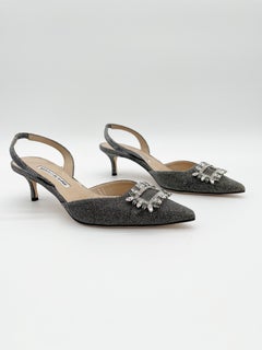 Manolo Blahnik Tonoslac Silver Gold Metallic Crystal Slingback Heels IT 38