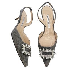 Manolo Blahnik Tonoslac Silver Gold Metallic Crystal Slingback Heels IT 38