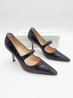 Manolo Blahnik Vintage Campari Dark Gray Alligator Leather Mary Jane Heels IT 38