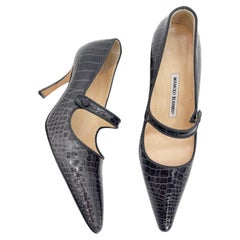 Manolo Blahnik Vintage Campari Dark Gray Alligator Leather Mary Jane Heels IT 38