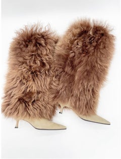 Manolo Blahnik Vintage-Stiefel aus beigem Wildleder und Lammfell mit hohem Schaft und Absatz, Größe IT 39,5