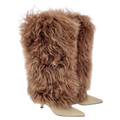 Manolo Blahnik Vintage-Stiefel aus beigem Wildleder und Lammfell mit hohem Schaft und Absatz, Größe IT 39,5