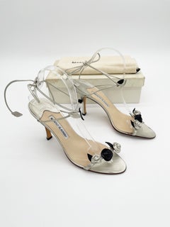 Manolo Blahnik 90s Champagne Black Fiore Rosette Lace Up Wrap Sandal Heels IT 40