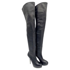 Gucci Black Leather Platform Thigh High Heeled Boots Partial Zip EU 38.5