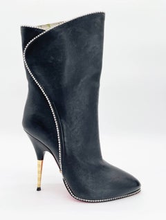 Gucci Fosca Black Leather Crystal Trim Pointed Toe Stiletto Heeled Boots EU 37