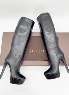 Gucci Black Leather Platform Knee High Square Toe Stiletto Heeled Boots IT 40