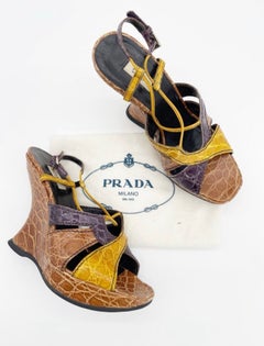 Prada Fall 2004 Runway Colorblock Alligator Sculptural Wedge Sandals IT 35.5