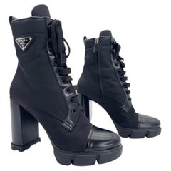 Prada Black Spazzolato Leather Re-Nylon Triangle Logo Lug Sole Ankle Boots IT 40