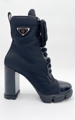 Prada Black Spazzolato Leather Re-Nylon Triangle Logo Lug Sole Ankle Boots IT 40