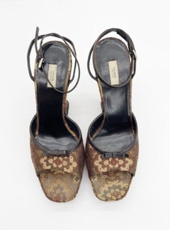 Prada Retro Y2K Brown Bronze Brocade Lurex Bow Sculptural Wedge Sandals IT 38.5