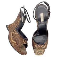 Prada Retro Y2K Brown Bronze Brocade Lurex Bow Sculptural Wedge Sandals IT 38.5