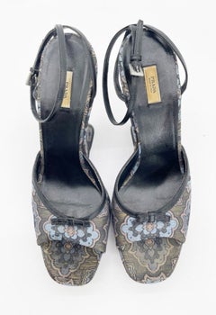 Prada Retro Y2K Blue Metallic Brocade Lurex Bow Sculptural Wedge Sandals IT 40