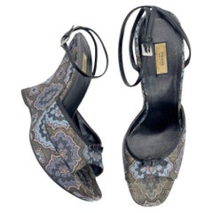Prada Retro Y2K Blue Metallic Brocade Lurex Bow Sculptural Wedge Sandals IT 40