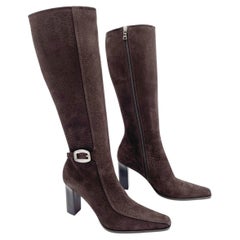 Prada Vintage Brown Embossed Nubuck Square Toe Heeled Knee High Boots IT 36.5