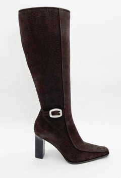 Prada Vintage Brown Embossed Nubuck Square Toe Heeled Knee High Boots IT 36.5