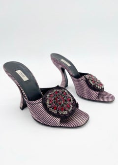 Prada Fall 2004 Pink Black Animal Print Crystal Brooch Mule Heeled Sandals IT 36