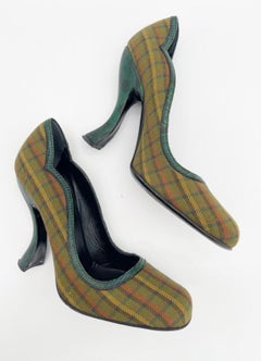 Prada Vintage F/W 2004 Plaid Lizard Embossed Trim Sculptural Heel Pumps IT 39.5