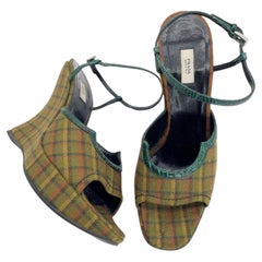 Prada Fall 2004 Runway Green Plaid Croc Trim Sculptural Wedge Sandals IT 39.5