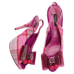 Dolce & Gabbana Vintage Pink Plaid Tweed Cherry Plexi Bow Slingback Heels IT 41