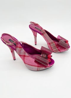Dolce & Gabbana Vintage Pink Plaid Tweed Cherry Plexi Bow Slingback Heels IT 41