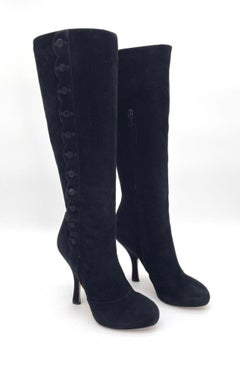 Dolce & Gabbana Black Suede Scalloped Button Knee High Stiletto Boots IT 39