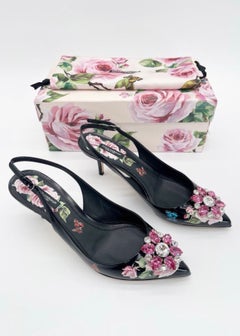 Dolce & Gabbana Black Rose Print Crystal Pointed Toe Slingback Heels IT 40