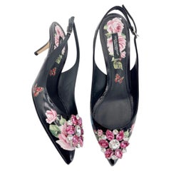 Dolce & Gabbana Black Rose Print Crystal Pointed Toe Slingback Heels IT 40
