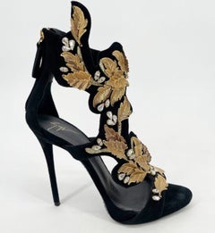 Giuseppe Zanotti Black Suede Gold Leaf Crystal Embellished Heels Sandals IT 37.5