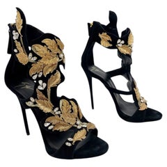 Giuseppe Zanotti Black Suede Gold Leaf Crystal Embellished Heels Sandals IT 37.5